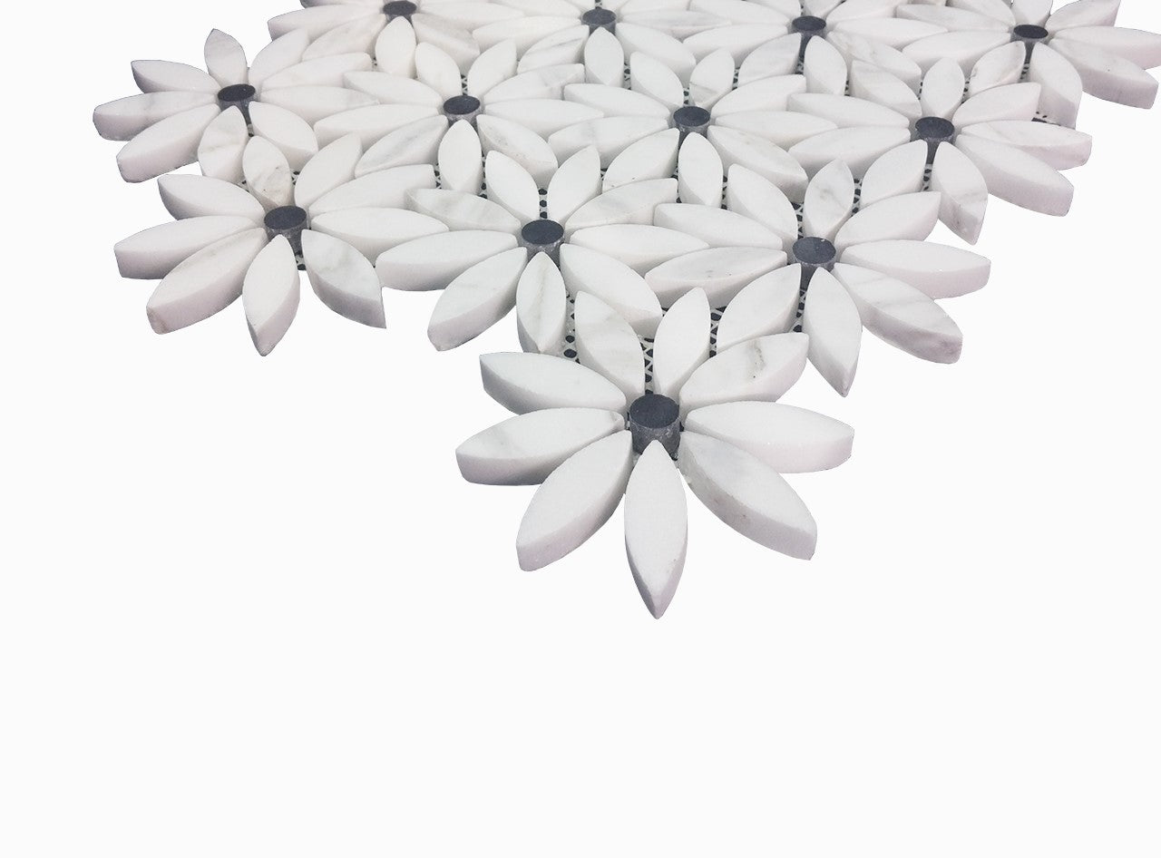 Calacatta Gold Italian Marble with Nero Marquina Black Accent Daisy Flower Waterjet Mosaic Tile Honed